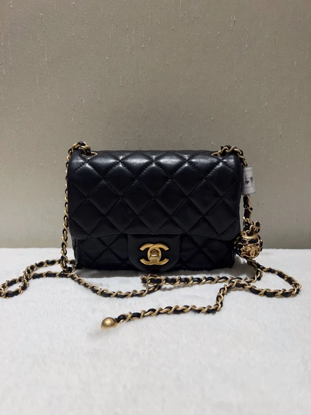 99新 Chanel/香奈儿 22s黑色金扣核桃金球方胖子芯片款 18*7*13