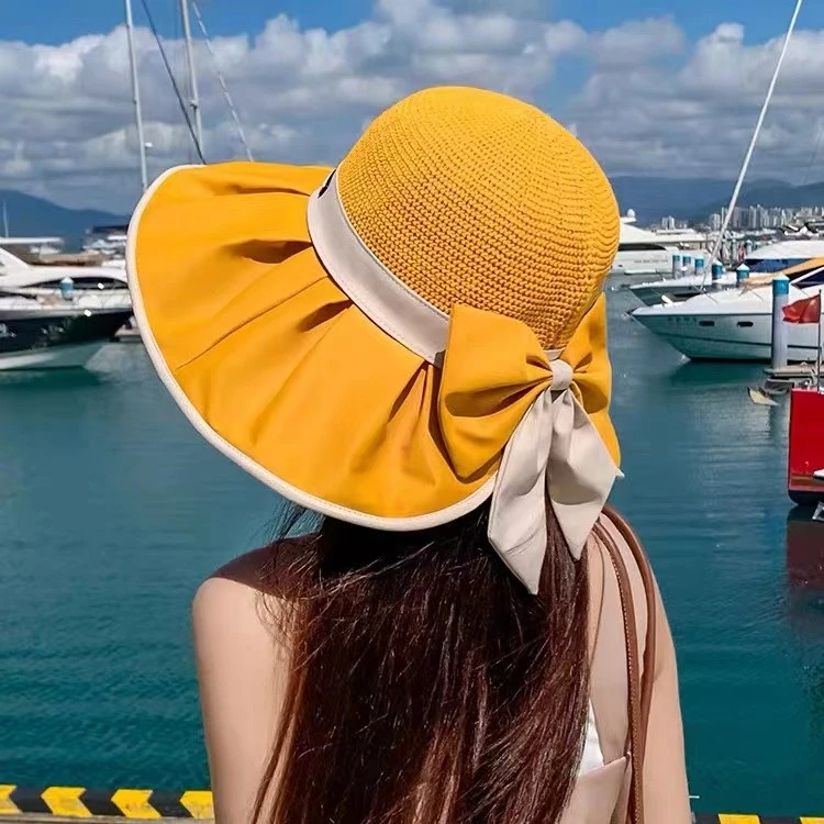 韩版蝴蝶结渔夫帽女夏季ins风显脸小大檐透气太阳帽女款遮阳盆帽