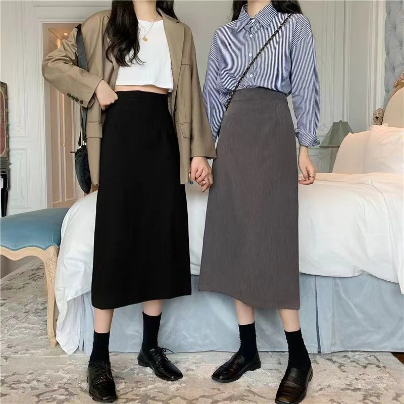 9902（后开叉）春季西装半身裙中长款高腰开叉a字裙显瘦遮胯包臀裙