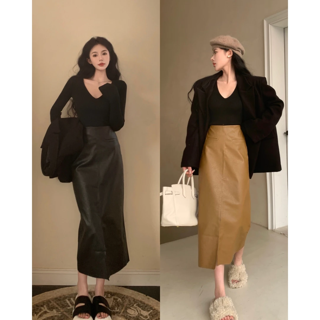 ~皮裙半身裙女秋季高腰PU皮直筒棕色包臀裙中长裙5011