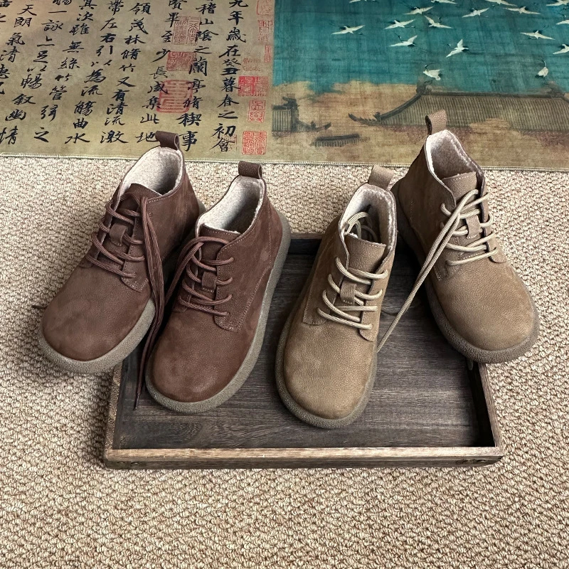 铂帝思 新款加绒毛真皮女短靴 厚底系带手工复古皮靴保暖棉靴批发