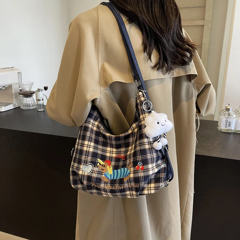 格子腊肠狗大容量包包女2024秋冬新款单肩包时尚斜挎包复古双肩包