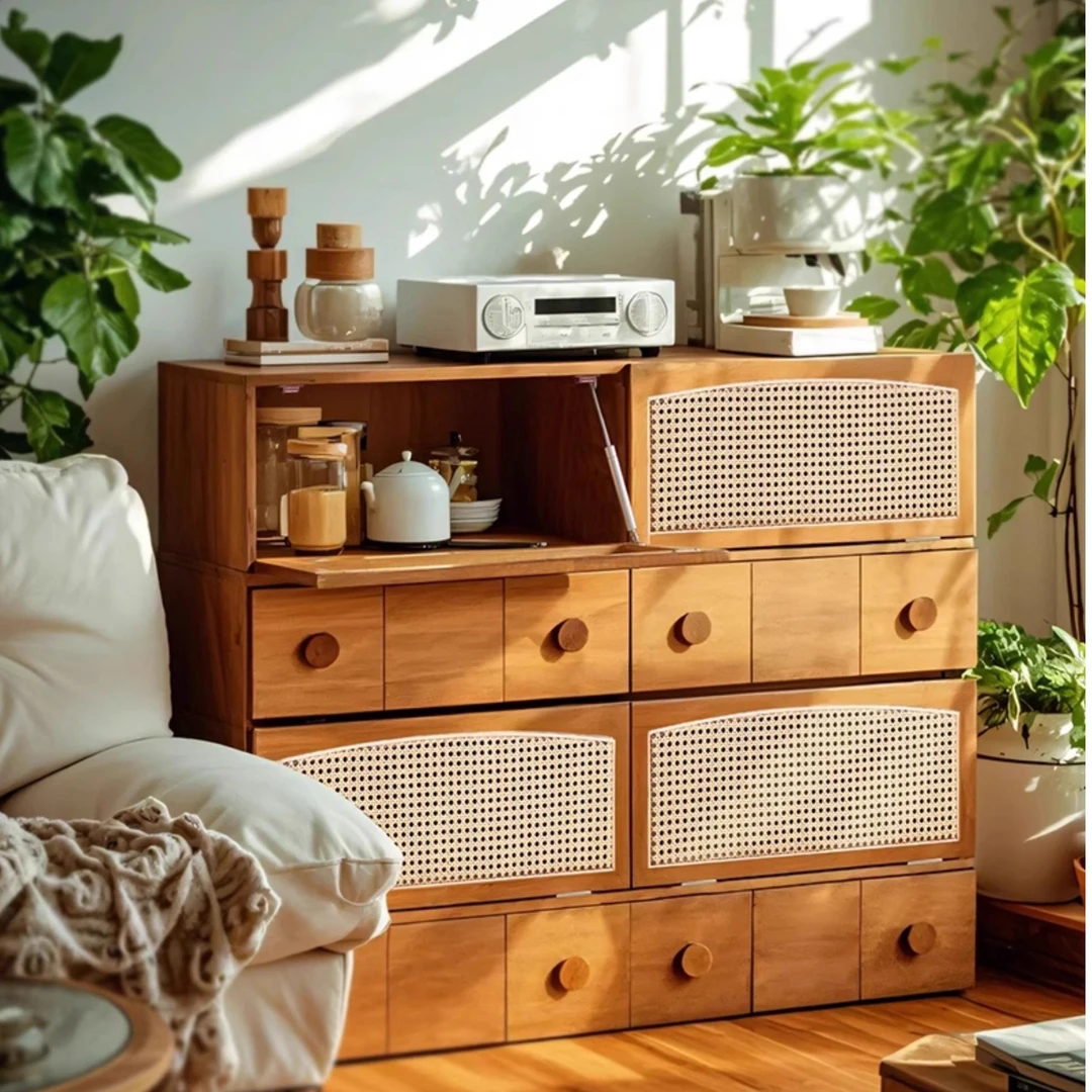 实木斗柜储物柜卧室床尾柜组合柜床头柜电视柜矮柜藤编收纳柜书柜