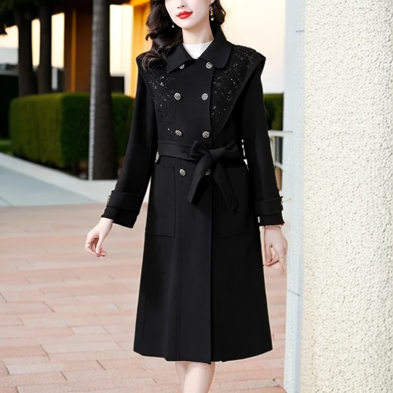 大码宽松大衣女冬季高端品质复古赫本风翻领钉珠黑色毛外套双面呢