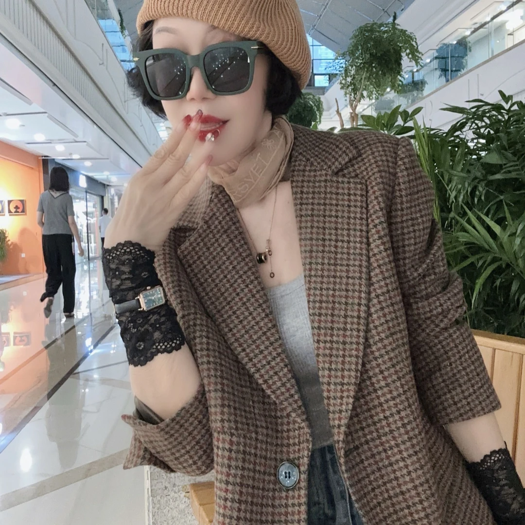 【68岁小姐姐】秋冬季复古英伦风千鸟格精纺显瘦百搭大衣9238-1