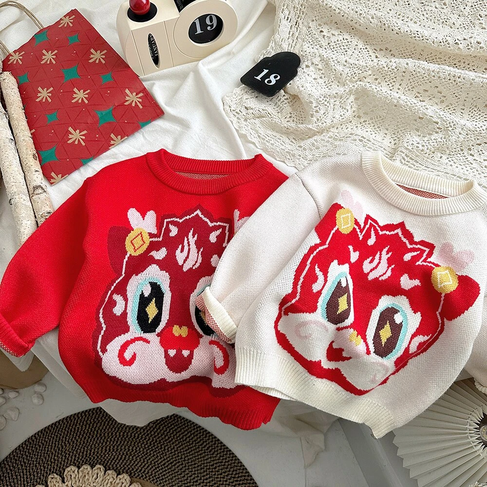 7765-男女童萌兽龙娃圣诞提花喜庆新年服毛衣冬季儿童新款针织衫