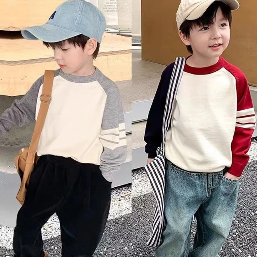 7726-男童毛衣2023韩版针织衫拼接小男孩圆领百搭春秋款儿童帅气