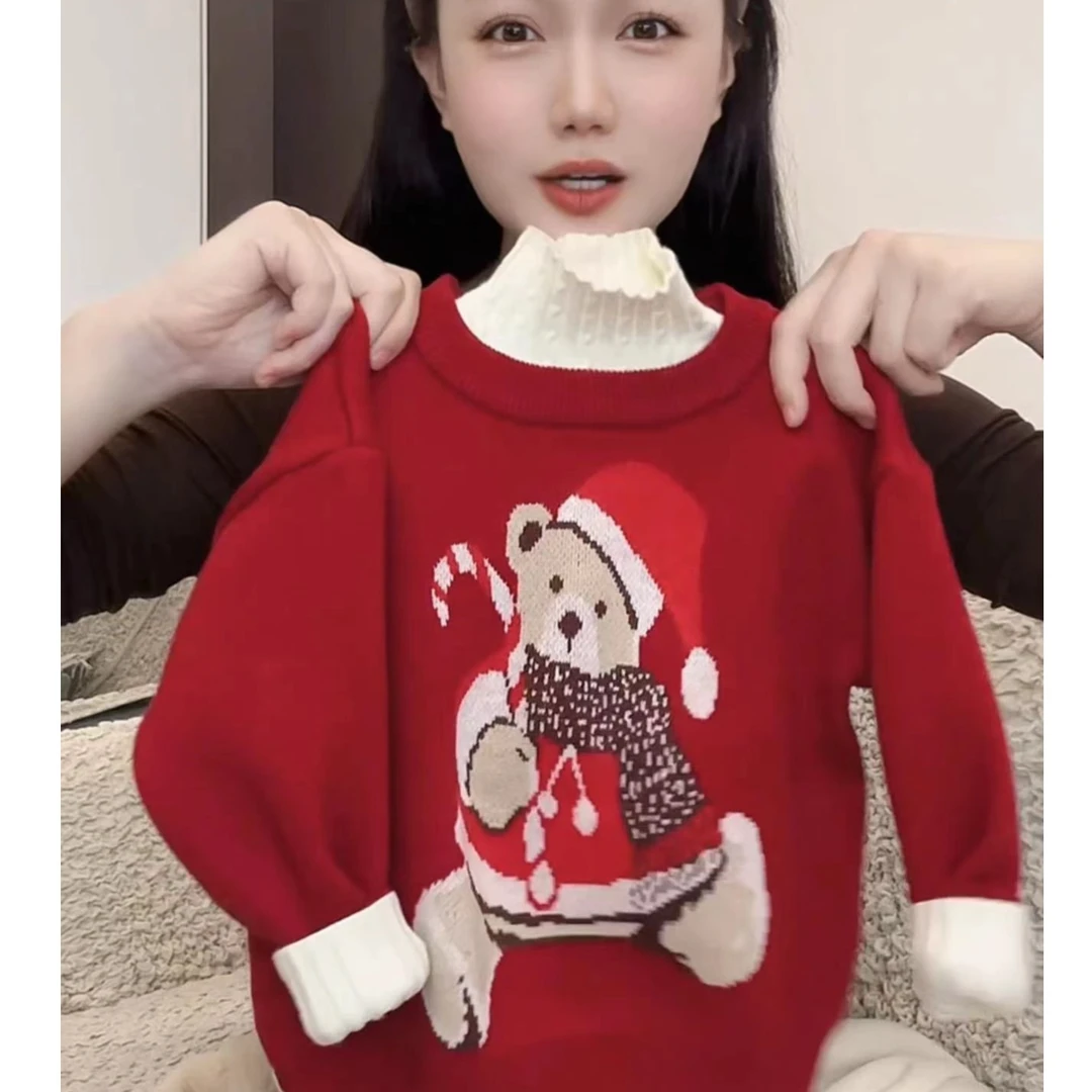 7756-儿童圣诞小熊毛衣女秋冬宽松慵懒风软糯卡通套头圆领针织衫
