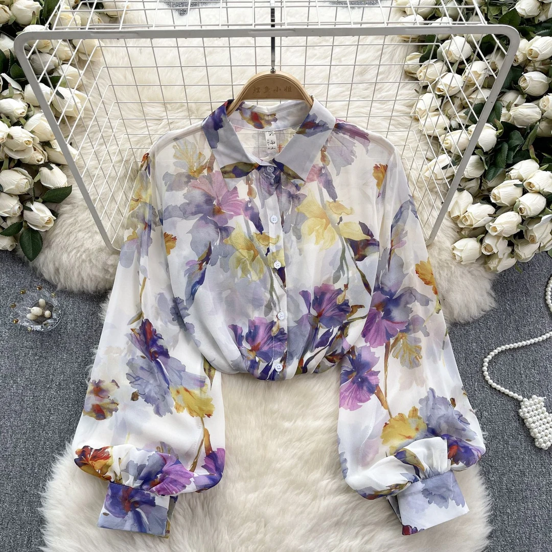 复古微透空调衫防晒衣女衬衣夏新款韩版气质印花灯笼袖雪纺衬衫女