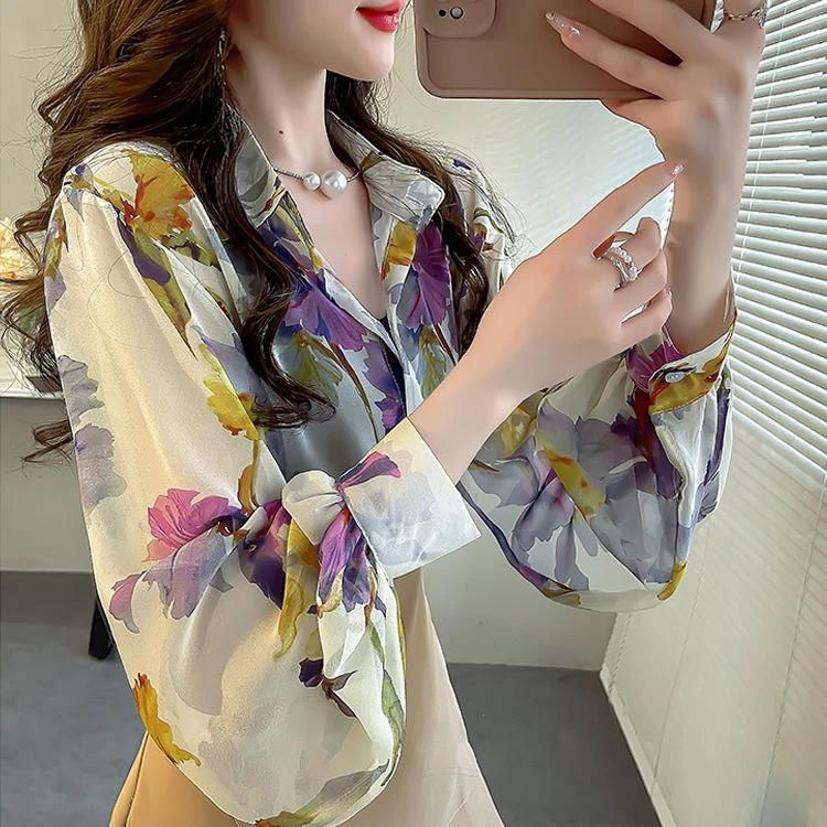 灯笼袖防晒衣女上衣夏季复古雪纺衬衫女洋气印花气质空调衫女衬衣