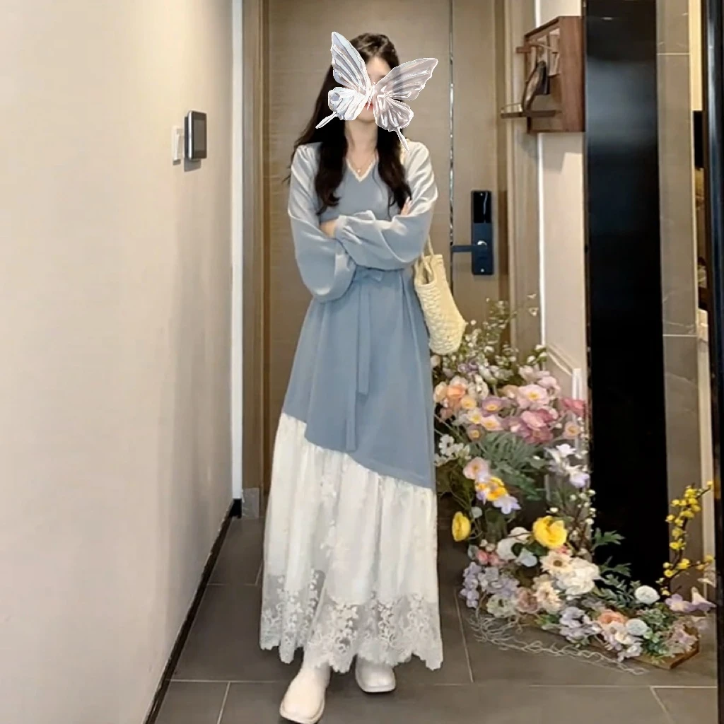 法式气质假两件蕾丝拼接连衣裙子女早秋季2024新款蓝色长裙8048