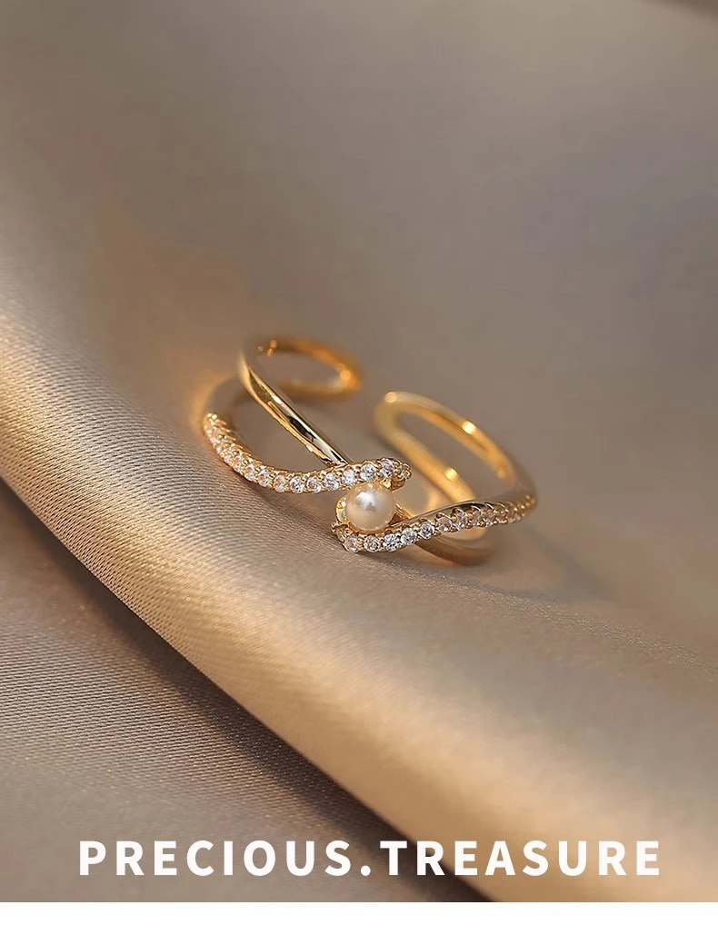 铜合金仿珍珠戒指 戒指 时尚饰品 女款气质轻奢百搭小众简约多层