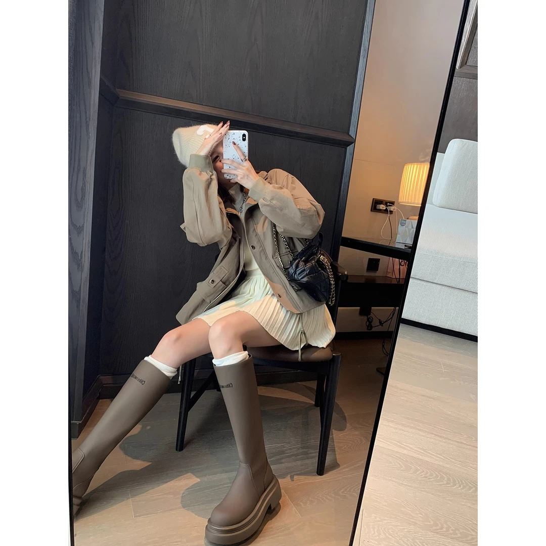 【百搭网红】韩国圆头厚底弹力中高筒骑士长靴女雨靴