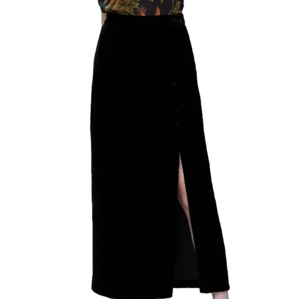 桑蚕丝丝绒国风中式女装半身裙H型春季新款高档时尚百搭带内衬