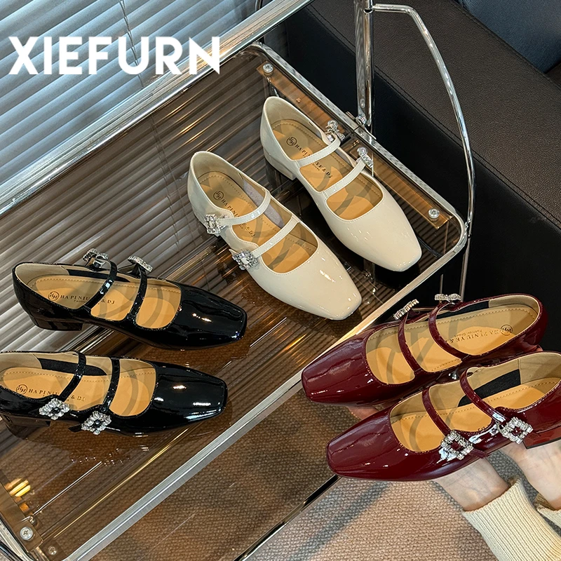 XIEFURN/鞋夫人2024新款法式玛丽珍鞋低跟复古水钻双扣百搭单鞋女