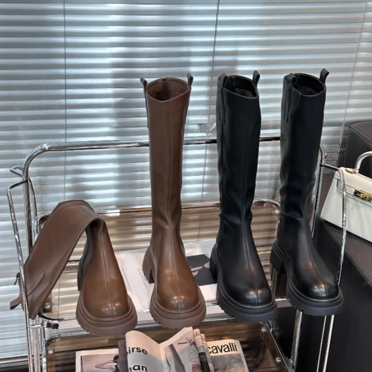 XIEFURN/鞋夫人百搭厚底骑士长筒靴女2023春秋季小个子弹力瘦瘦靴