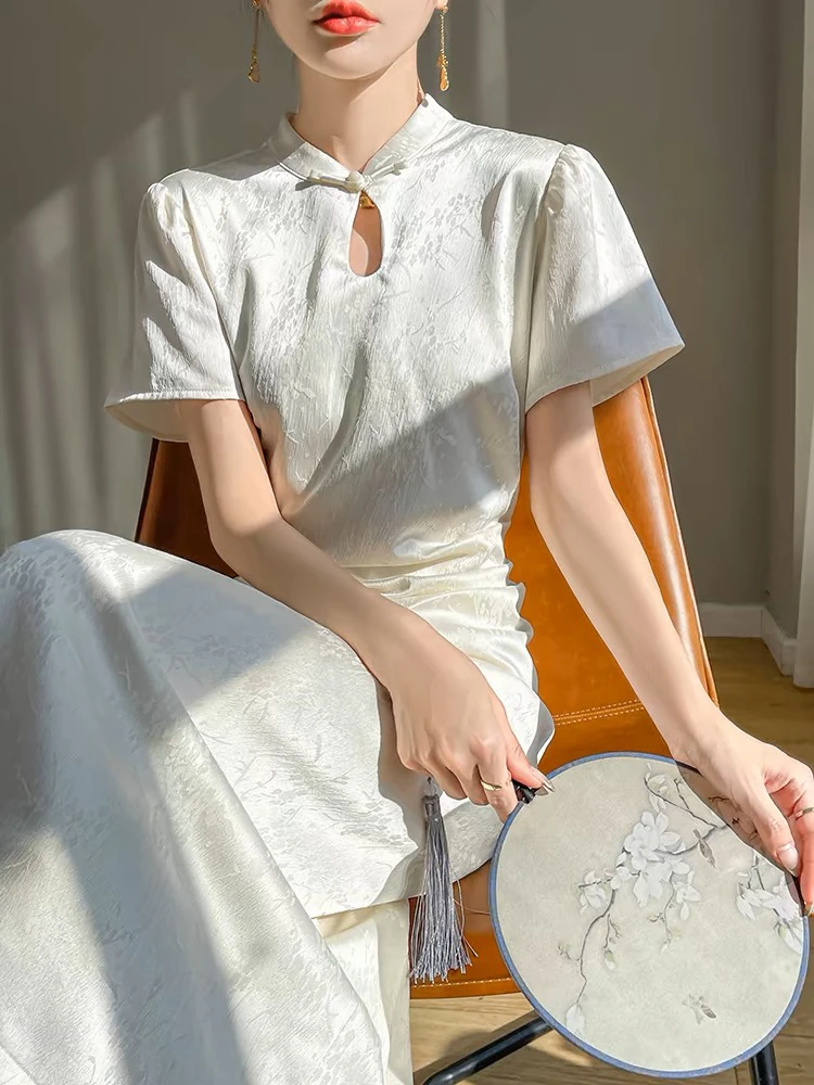 2024春夏新款复古国风新中式短袖连衣裙提花缎面旗袍长裙女