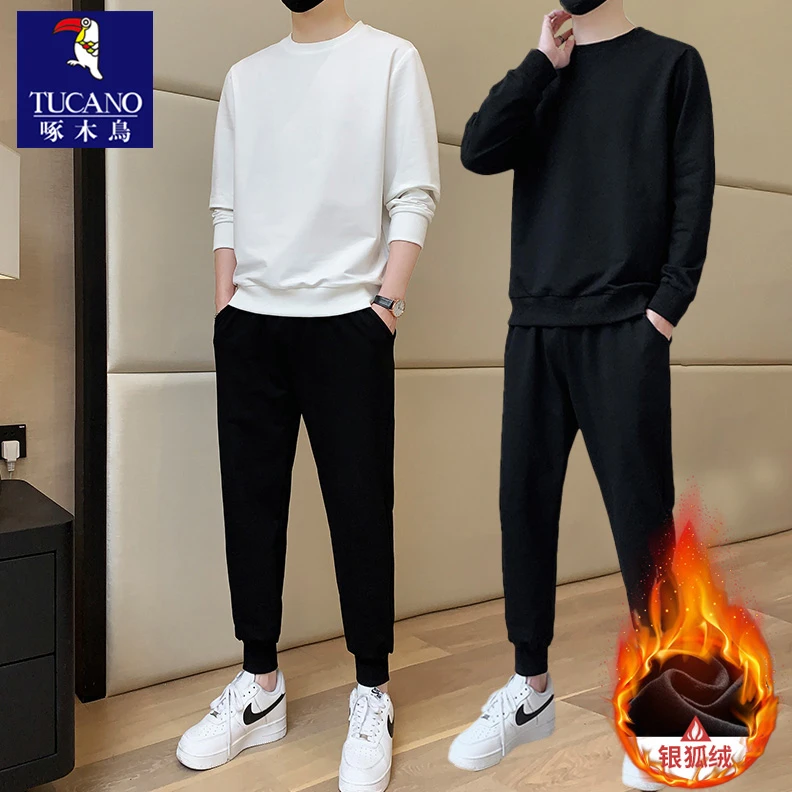 啄木鸟休闲套装男士秋冬季卫衣圆领T恤运动长裤加绒时尚百搭两件