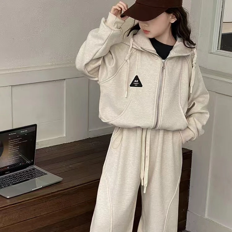 SC1601女童韩版秋冬潮款加绒加厚潮酷时尚洋气运动休闲连帽套装