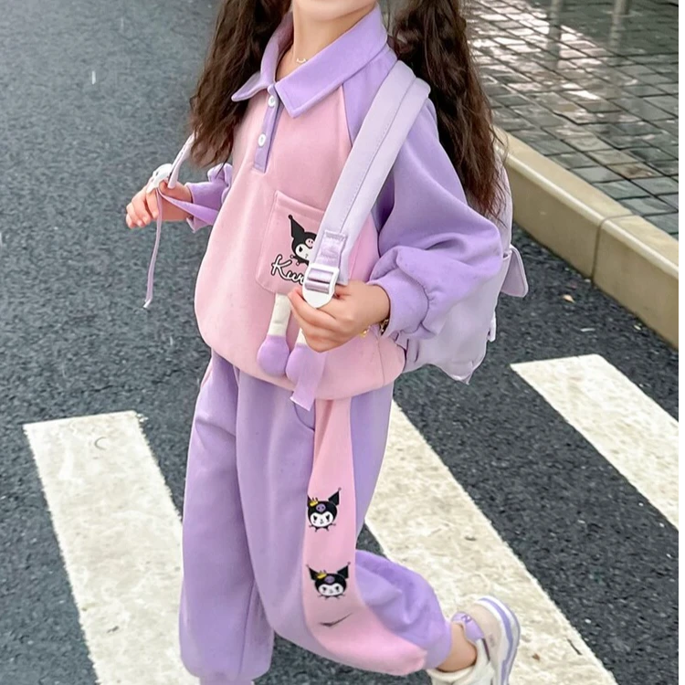 2024新款女童可爱潮酷紫色库洛米polo上衣+裤子套装春秋