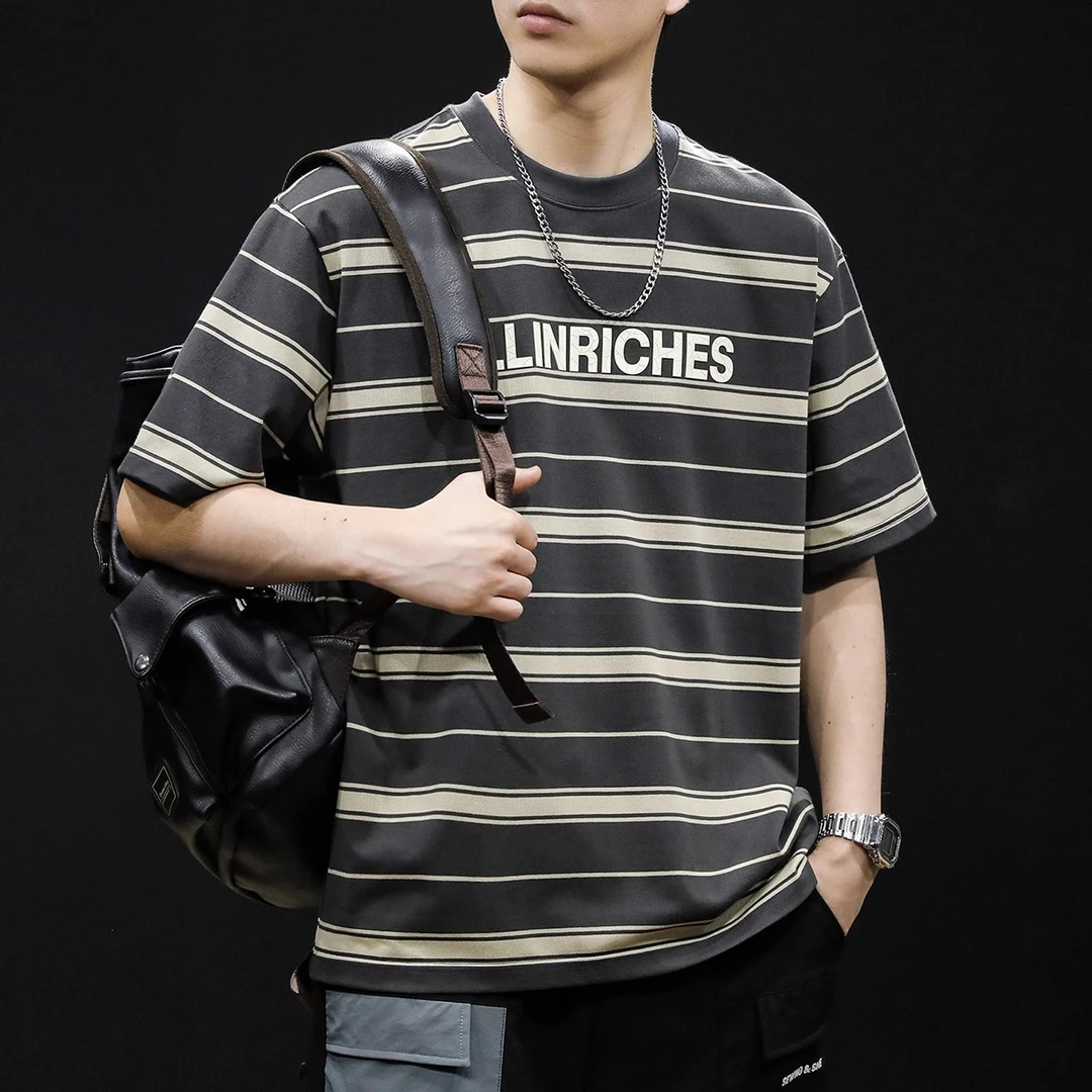 美式条纹短袖T恤男士2024新款男装半袖大码夏季圆领印花潮牌体恤T