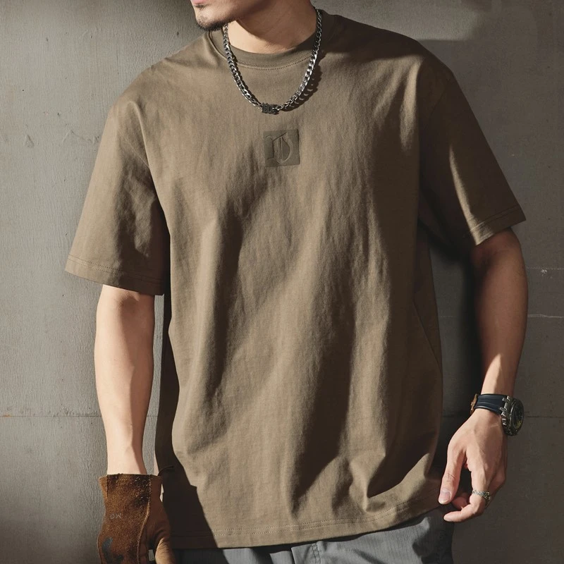 新疆棉短袖T恤男士美式复古阿美咔叽工装宽松硬汉圆领重磅棉质tee