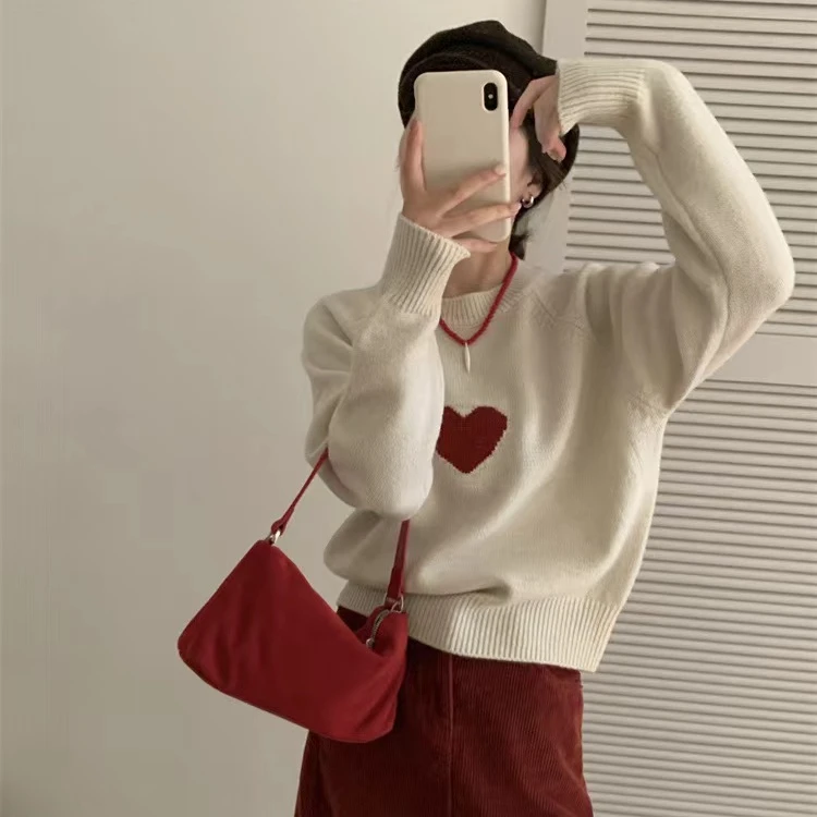 秋冬新款法国小众爱心时尚宽松圆领百搭套头长袖针织衫女式毛衣