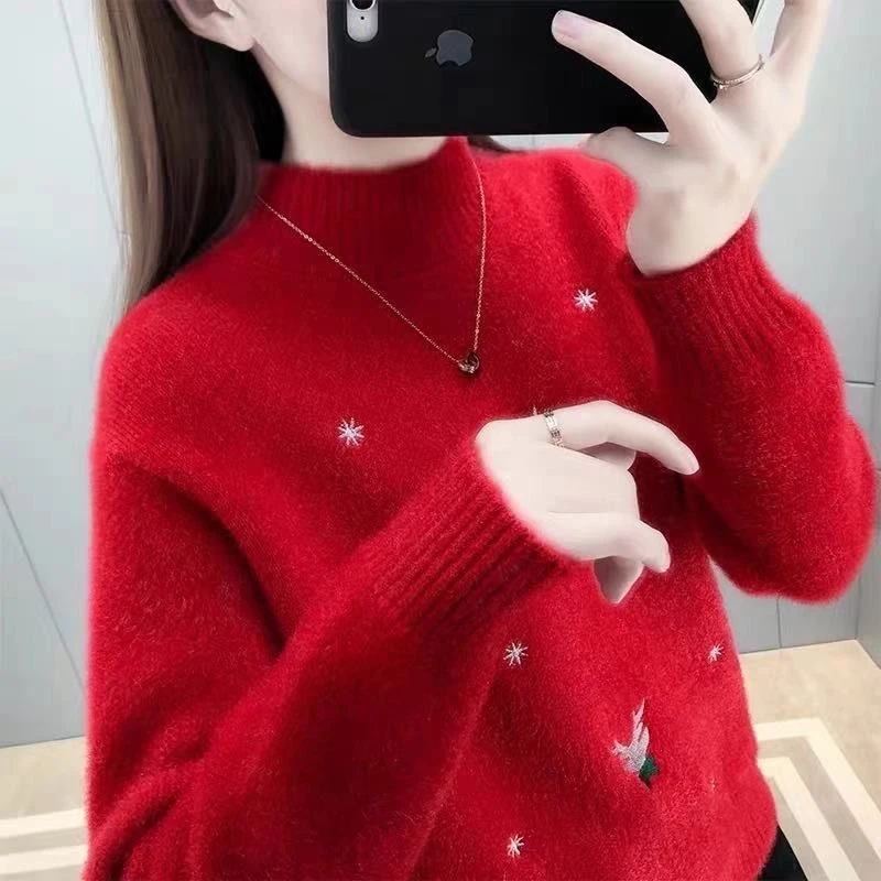 秋冬新款加厚仿水貂半高领女洋气红色毛衣宽松外穿百搭时尚打底衫