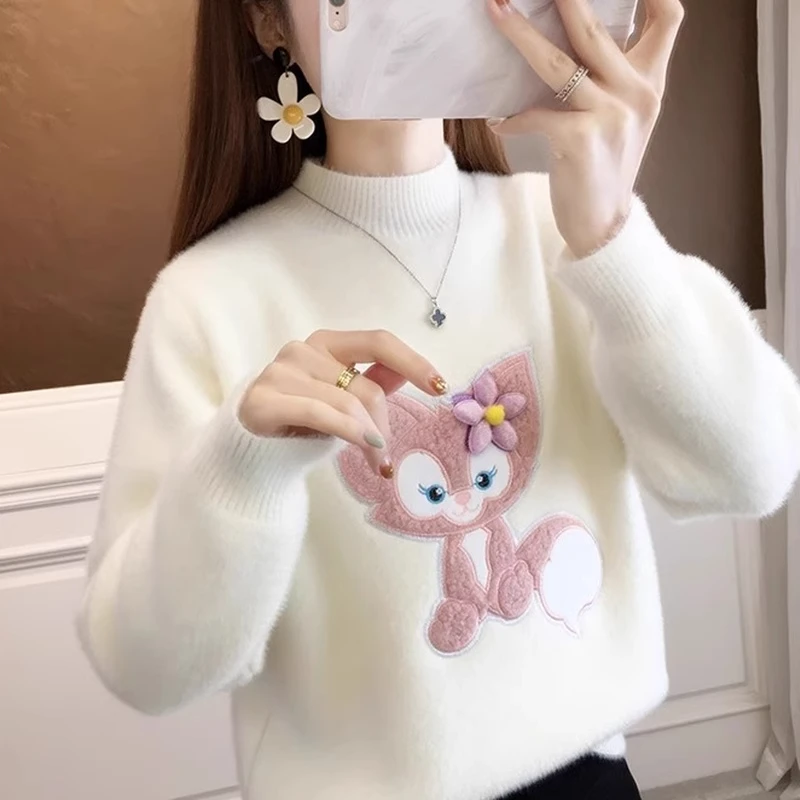 高初中学生毛衣女加绒加厚秋冬内搭打底衫宽松学院风可爱卡通上衣