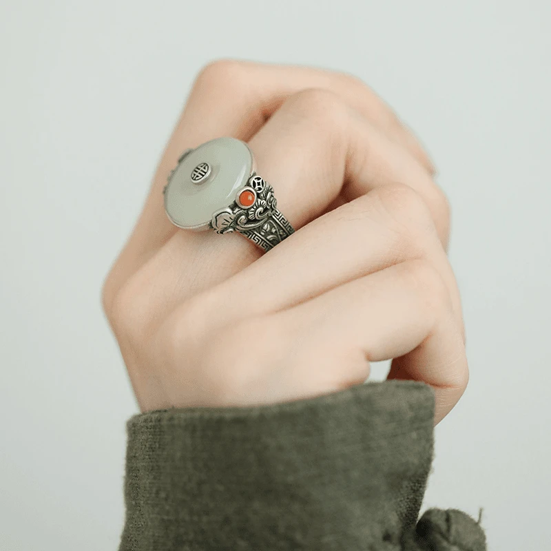 925银戒指 <非晚>j12253  平安扣红红戒指约14-18#可戴复古