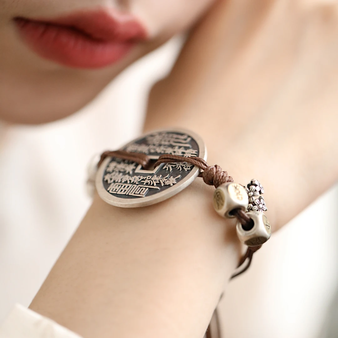 足银手链 S07757 山鬼花钱牌手链民族风纯手工情侣编织手绳