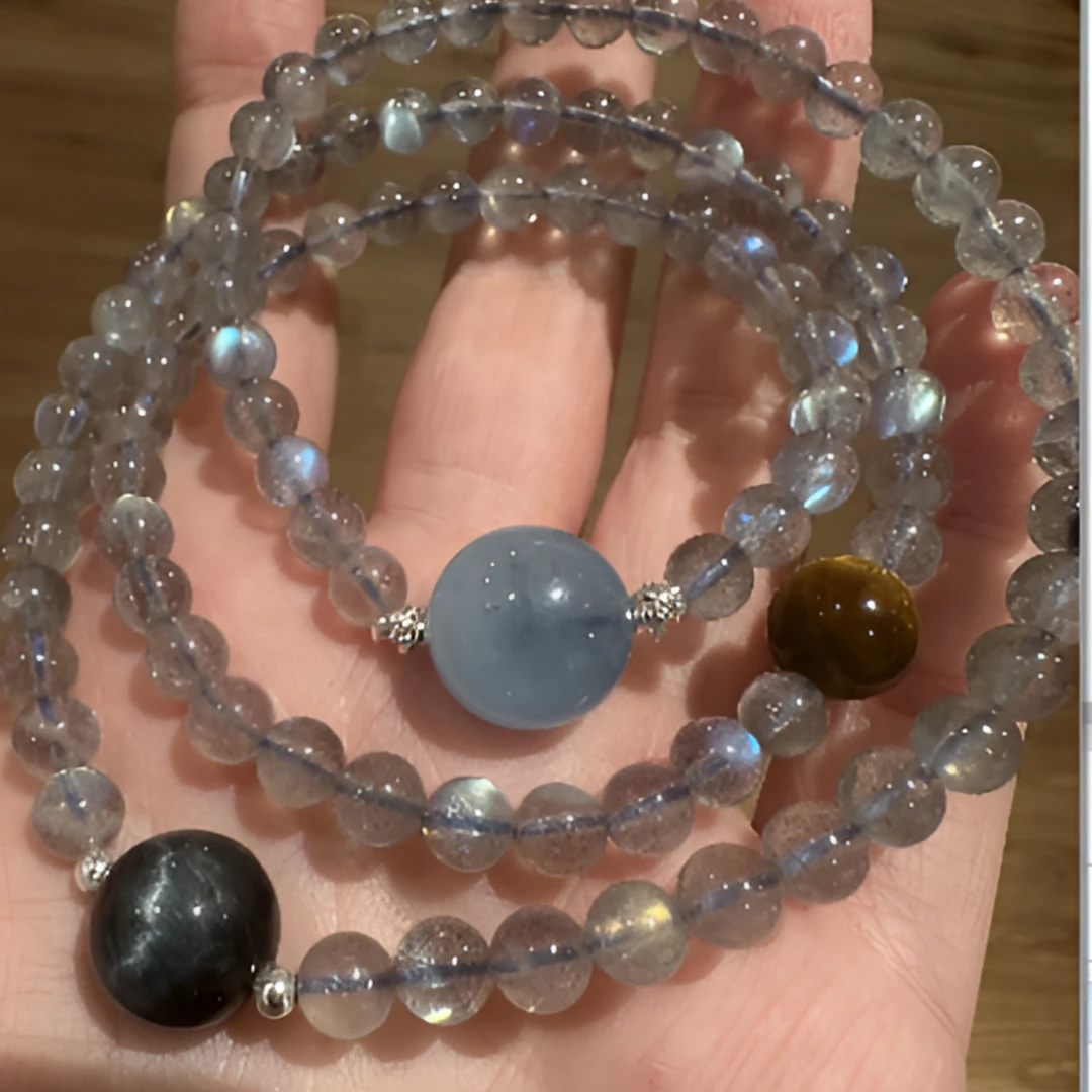 925银手链 太朴s08710月光虎虎蓝眼眼海海宝三圈手串