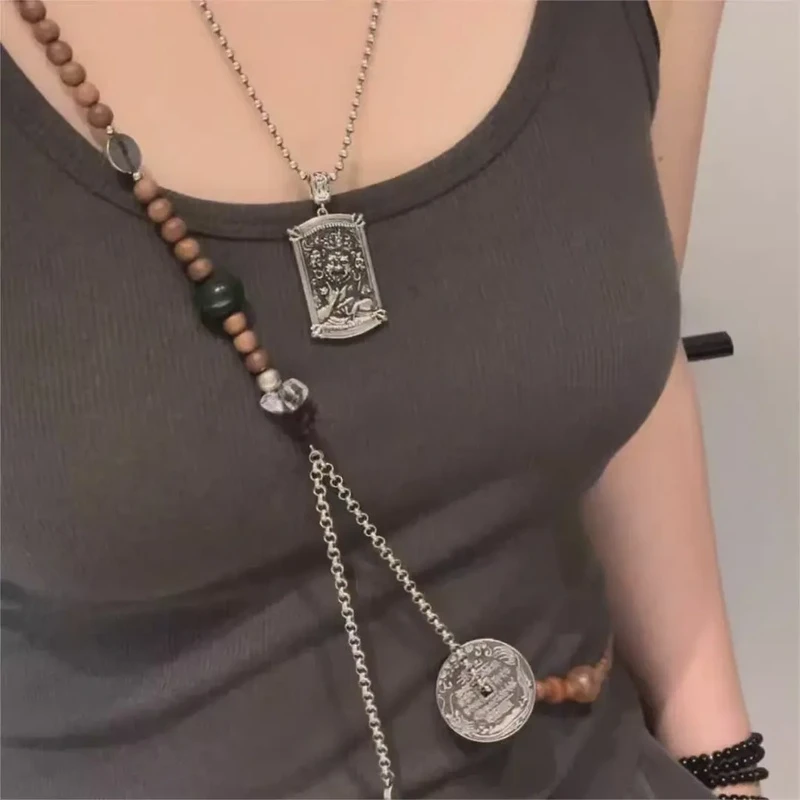 吊坠925银 <非晚>木质 N16293 山鬼花钱圆牌串珠长项链斜挎链