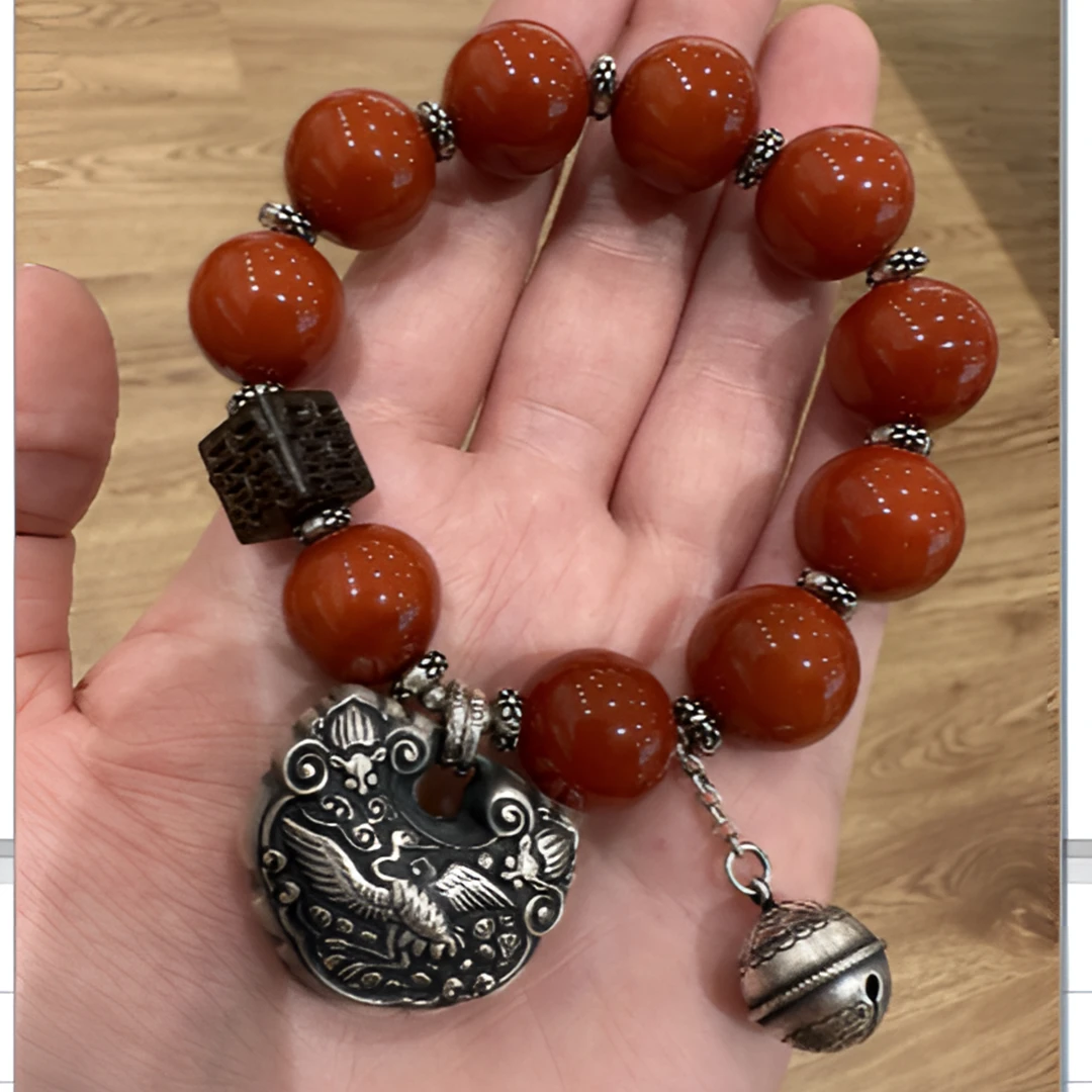 足银手链 S08820 圆珠木质方块双喜仙鹤锁铃铛吊坠弹力手串