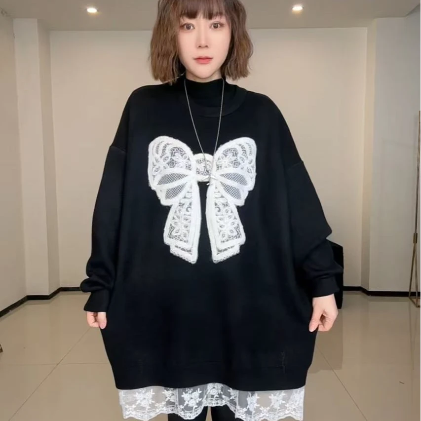 加绒2024秋冬新款 蕾丝边刺绣白色蝴蝶结 加绒加厚 针织毛衣025#