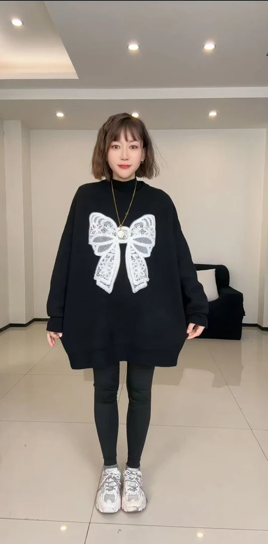 2024秋冬百搭针织毛衣韩版宽松加厚蕾丝白色刺绣蝴蝶结018#圆领