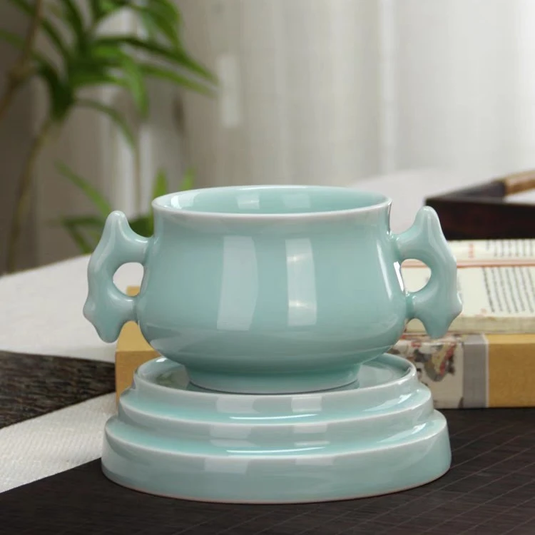 陶瓷香炉龙泉青瓷香薰炉禅意双耳炉寺庙线香炉大号带底座佛前摆件