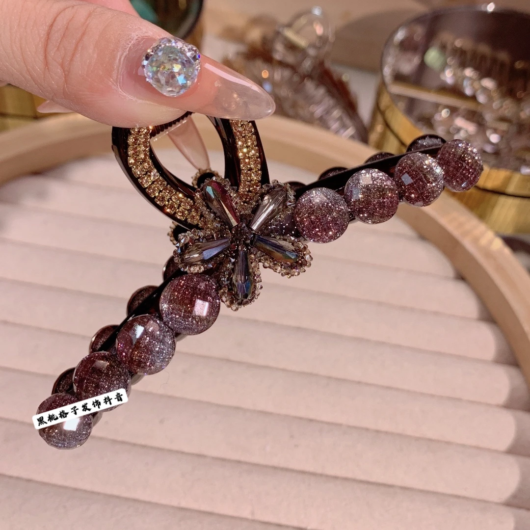 新款抓夹镶钻炫彩猫眼气质长11厘米轻奢百搭简约韩版复古重工