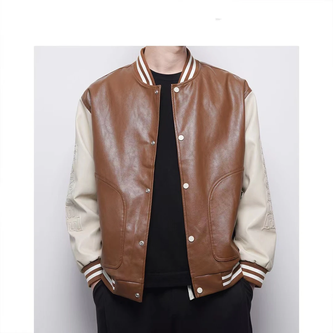 秋季撞色拼接立体字母宽松休闲防风皮夹克-7101