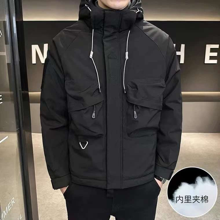 【冲锋衣二棉加厚】秋冬新款百搭加厚潮流设计感纯色工装棉服-1096