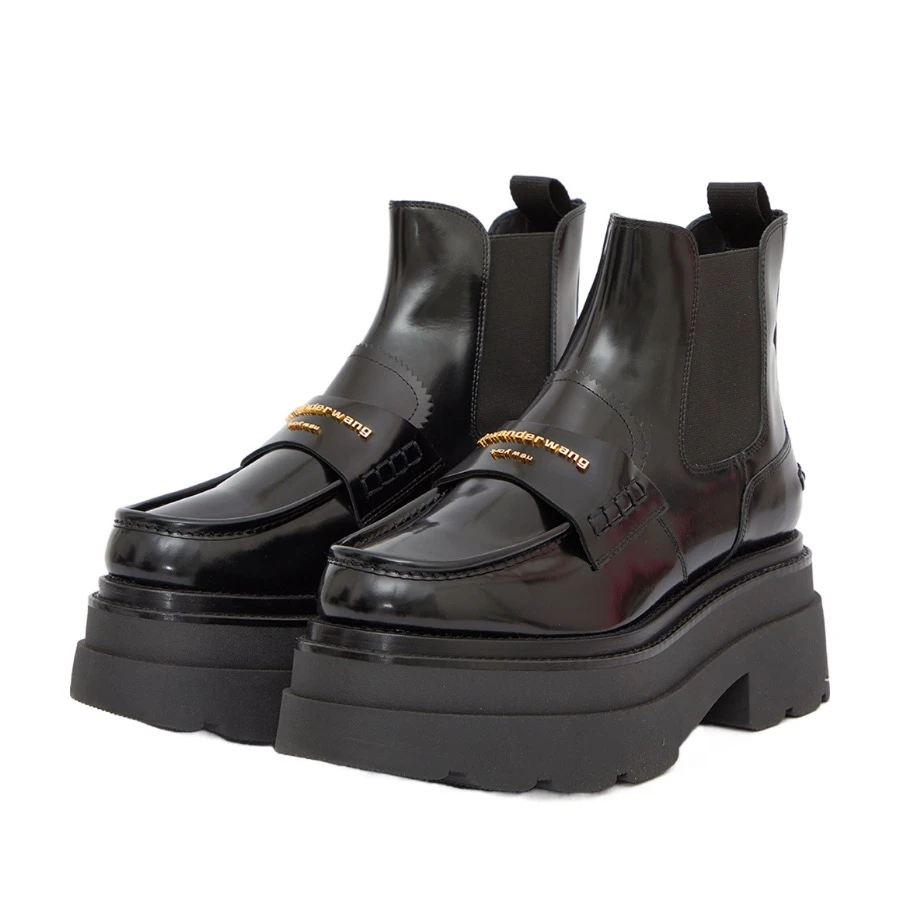 未使用 ALEXANDER WANG AW Carter徽标字母黑色皮质女士短筒靴