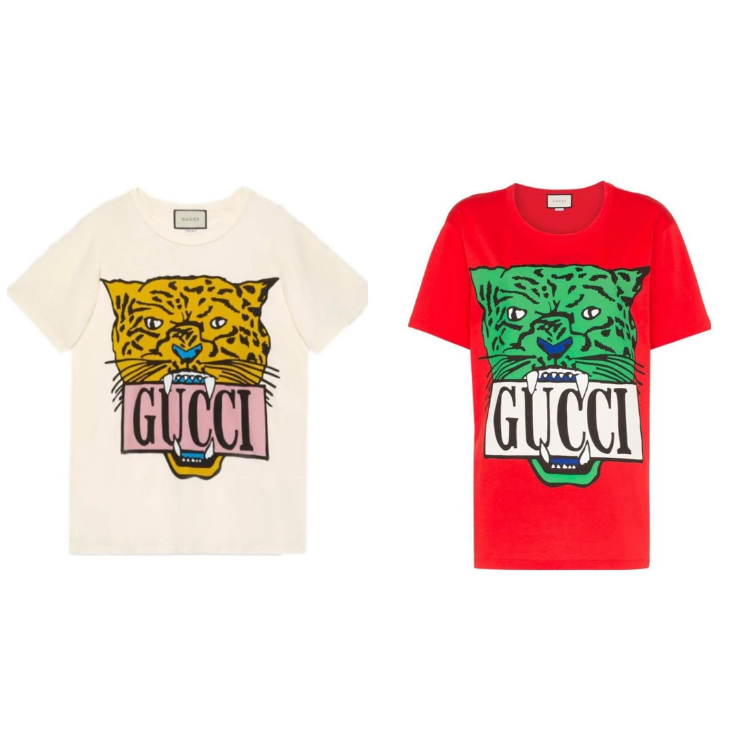 全新未使用 Gucci 白/红色 胸口虎头印花宽松休闲女士短袖t恤