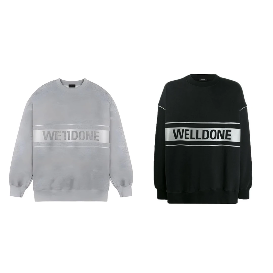 全新未使用 We11Done 黑/灰 胸口反光字母Logo圆领宽松卫衣