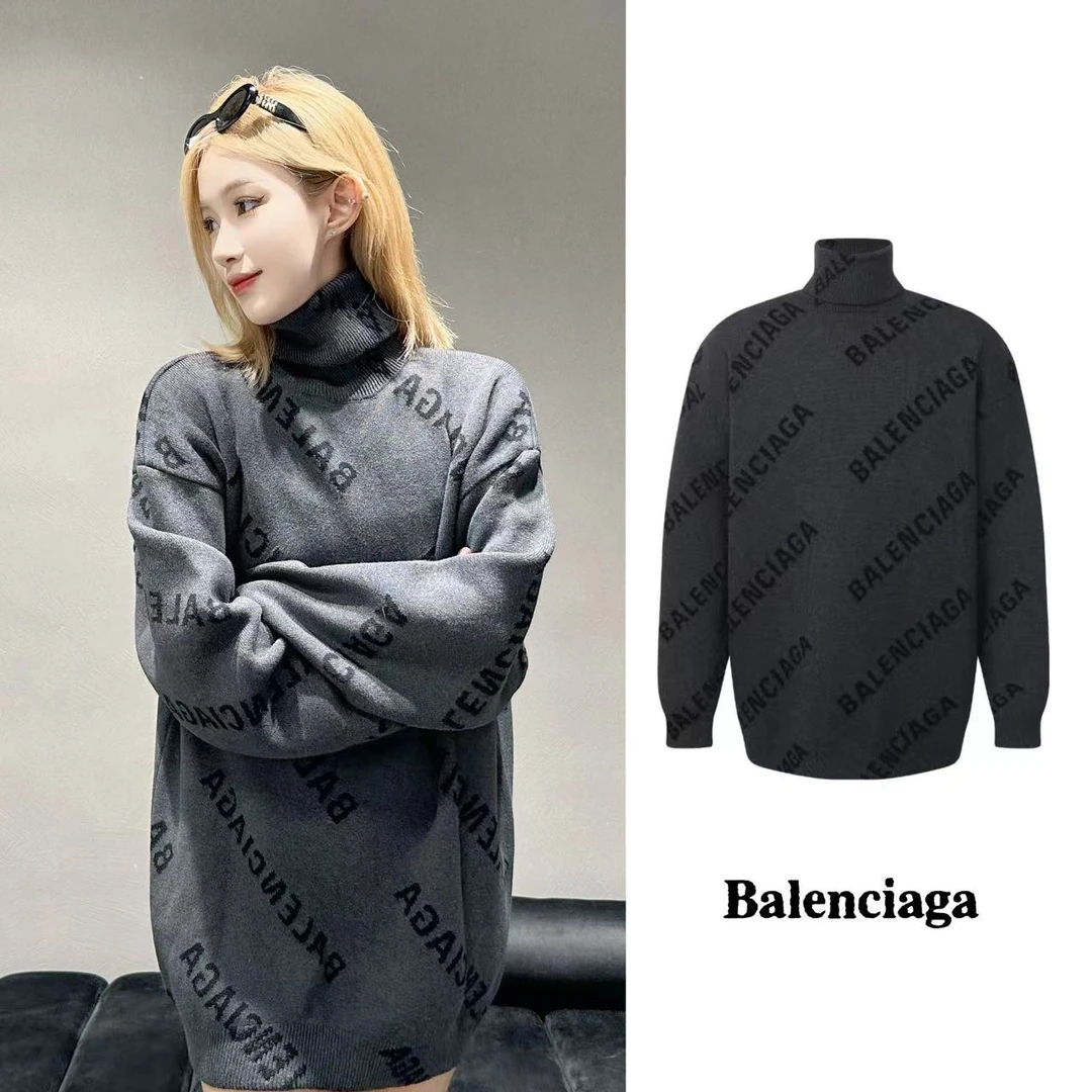 全新未使用 Balenciaga/巴黎世家 黑灰满印logo高领羊毛宽松毛衣