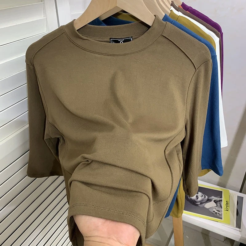 欧货设计感鱼骨新款中袖t恤女纯色内搭显瘦别致打底衫大码上衣秋