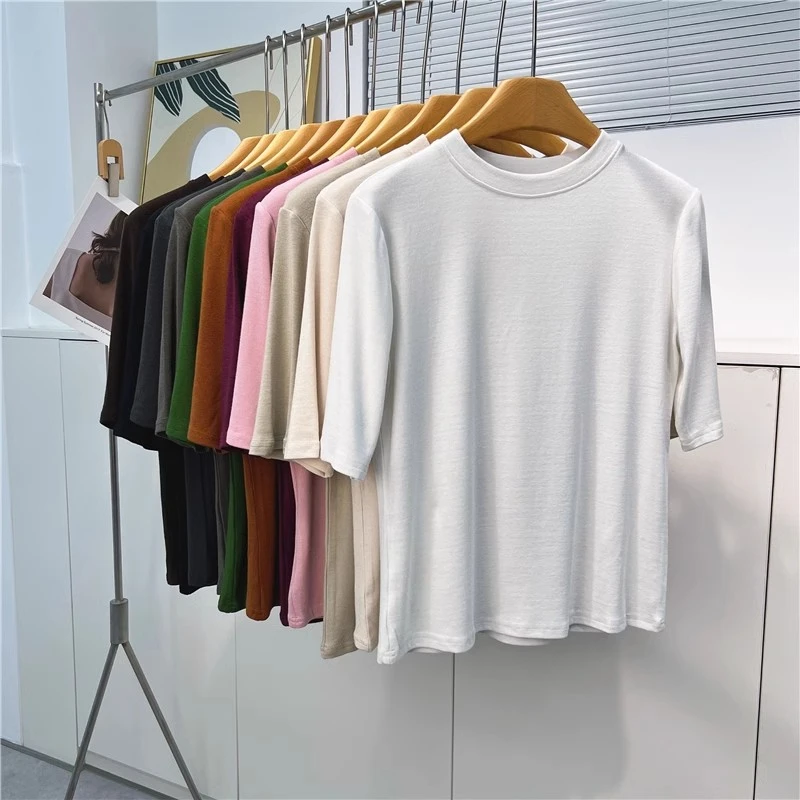 圆领中袖五分袖打底衫t恤女内搭修身显瘦洋气时尚半袖上衣秋新款