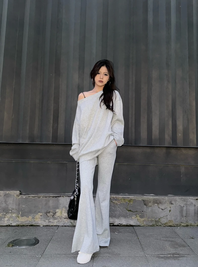 2024秋季新款时尚黑色灰色长袖休闲百搭卫衣套装御姐气质微喇裤子