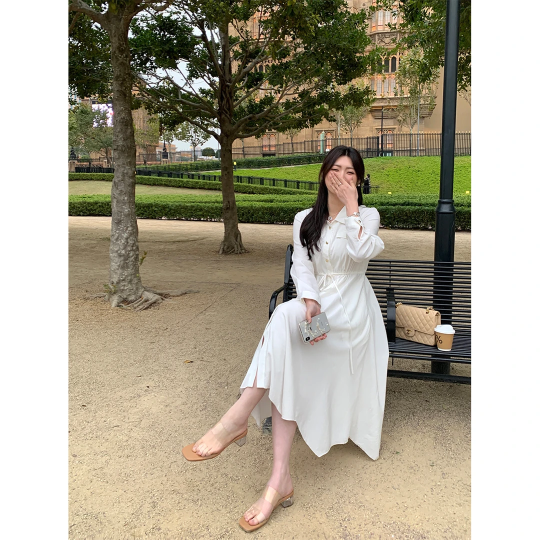 脚趾筋 月光舒曼不规则衬衫裙 微胖mm正肩翻领长袖抽绳连衣裙显瘦