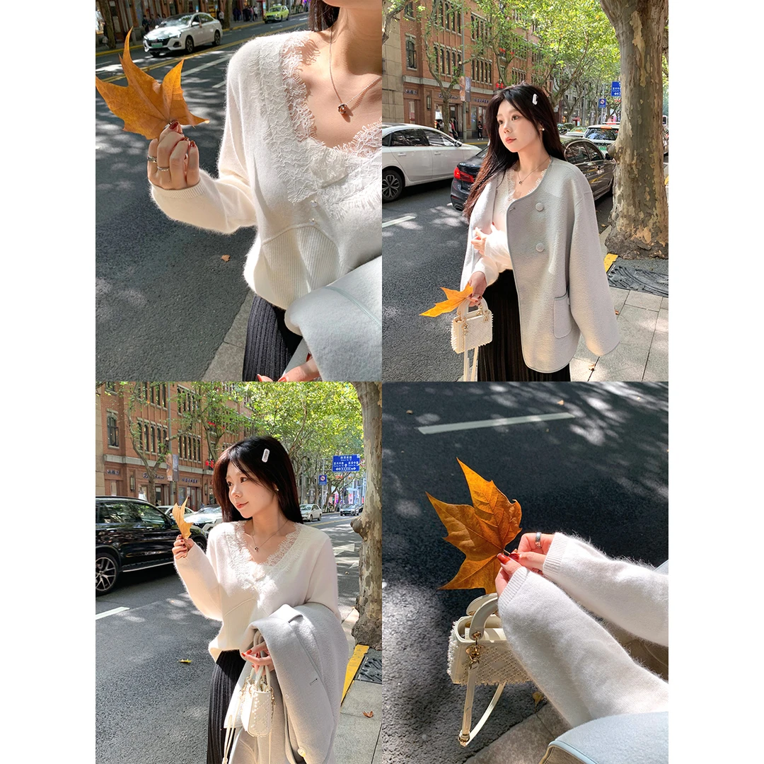 脚趾筋冬季纯色浣熊蕾丝针织衫女显瘦微胖mm韩版V领套头长袖上衣