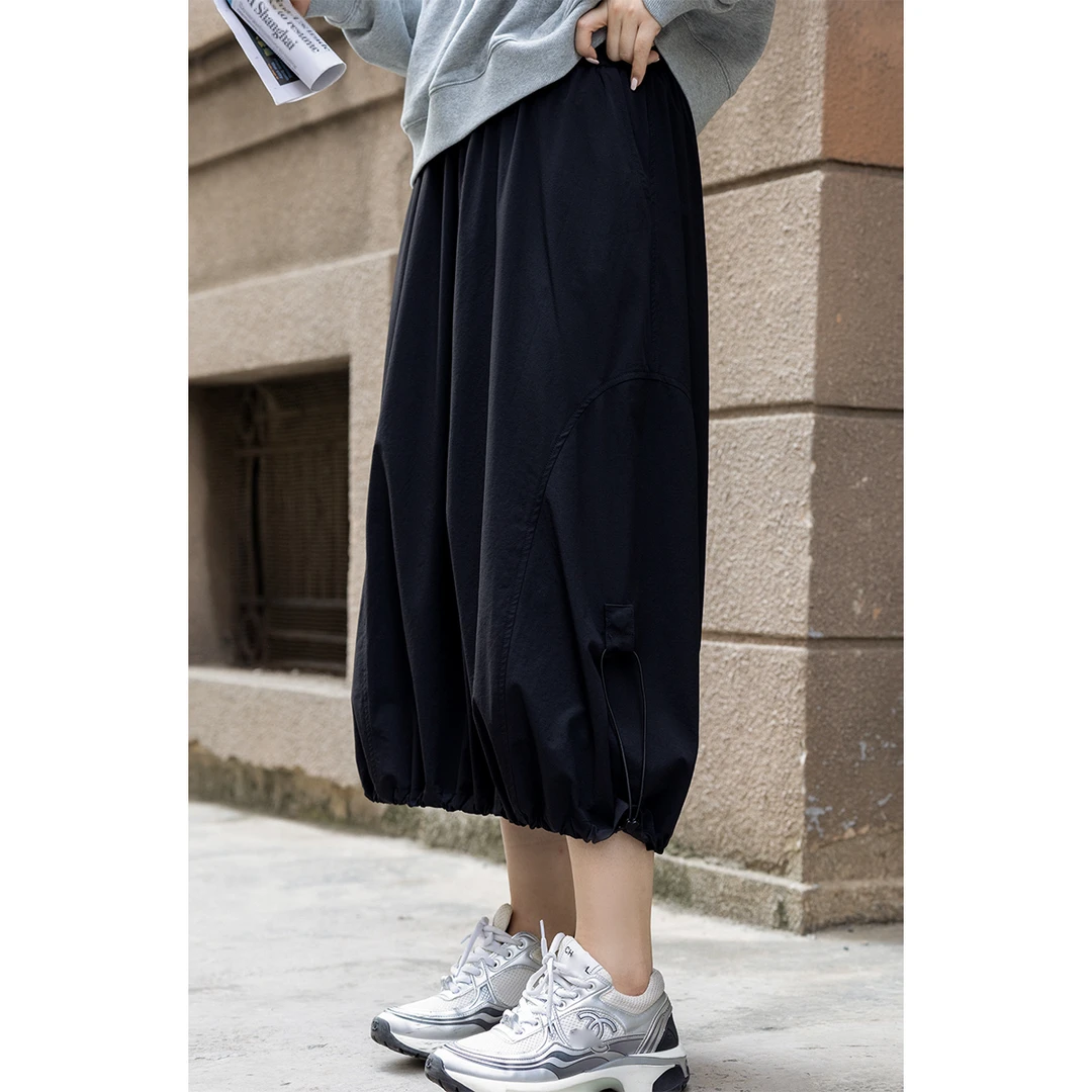 脚趾筋秋季慵懒派百搭花苞工装裙女遮胯藏肉微胖mm高腰抽绳半身裙